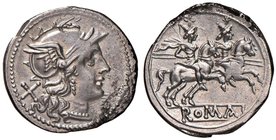 REPUBBLICA Anonime - Denario (dopo il 211 a.C.) Testa di Roma a d. - R/ I Dioscuri a cavallo a d., sotto, ROMA in rilievo - B. 2; Cr. 44/5 AG (g 3,54)...