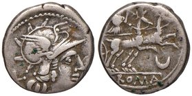 Anonime - Denario (143 a.C.) Testa di Roma a d. - R/ Diana su biga trainata da due cervi a d. - B. 101; Cr. 222/1 AG (g 3,96)
Grading/Stato:qBB
