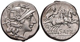 Afrania - Spurius Afranius - Denario (150 a.C.) Testa di Roma a d. - R/ La Vittoria su biga a d. - B. 1; Cr. 206/1 AG (g 3,99)
Grading/Stato:BB