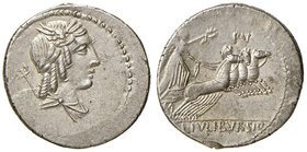 REPUBBLICA Julia - L. Julius Bursio - Denario (85 a.C.) Testa di Apollo a d. - R/ La Vittoria su quadriga a d. - B. 5; Cr. 352/1 AG (g 3,93) Un saggio...