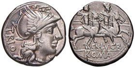 Lucretia - Cn. Lucretius Trio - Denario (136 a.C.) Testa di Roma a d. - R/ I Dioscuri a d. - B. 1; Cr. 237/1 AG (g 3,84) Striature al R/ 
Grading/Sta...
