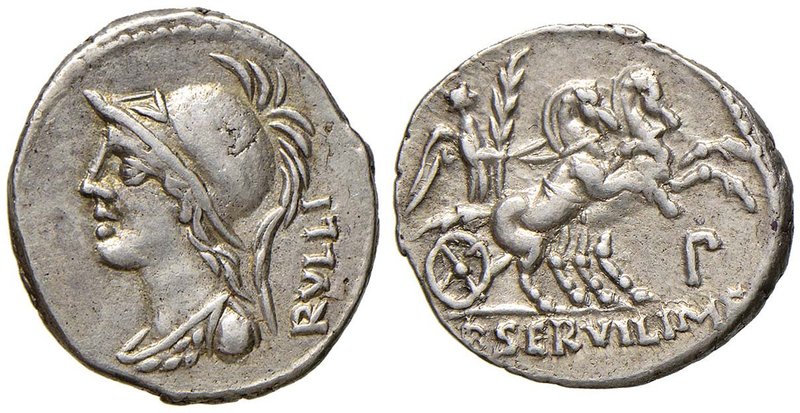 REPUBBLICA Servilia - P. Servilius M. f. Rullus - Denario (100 a.C.) Busto di Pa...