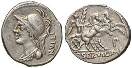 REPUBBLICA Servilia - P. Servilius M. f. Rullus - Denario (100 a.C.) Busto di Pallade a s. - R/ La Vittoria su biga a d. - B. 14; Cr. 328/1 AG (g 3,97...