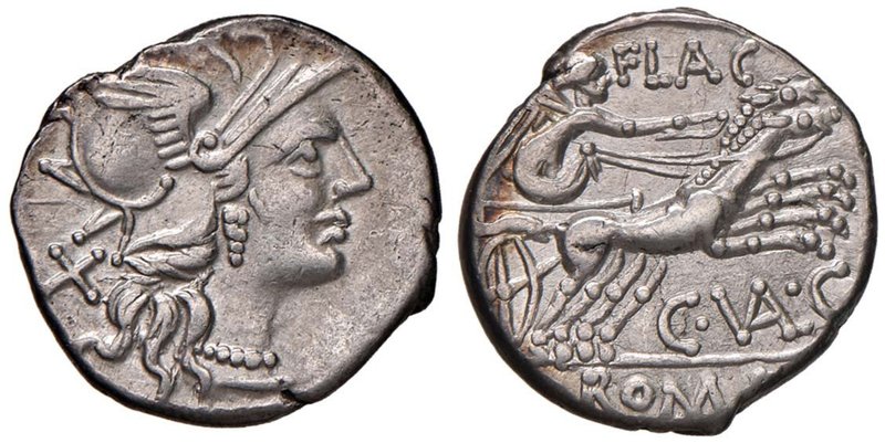 Valeria - C. Valerius C. f. Flaccus - Denario (140 a.C.) Testa elmata di Roma a ...