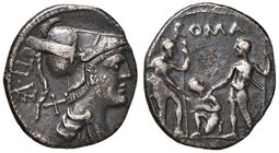 Veturia - Ti. Veturius - Denario (137 a.C.) Busto di Marte a d. - R/ Due soldati stanti e tra loro un sacerdote con un maialino - B. 1; Cr. 234/1 AG (...