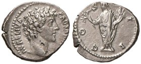 Marco Aurelio (161-180) Denario - Testa a d. - R/ L’Onore stante a s. - RIC 429 AG (g 3,21) Modesto deposito sul collo al D/ 
Grading/Stato:qSPL