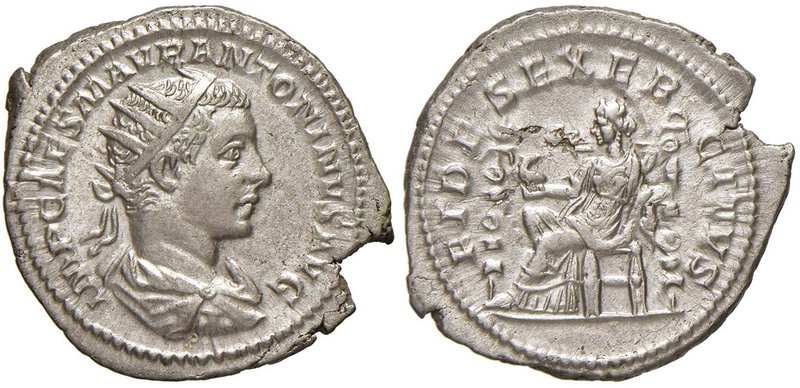 Elagabalo (218-222) Antoniniano - Busto radiato a d. - R/ La Fedeltà seduta a s....