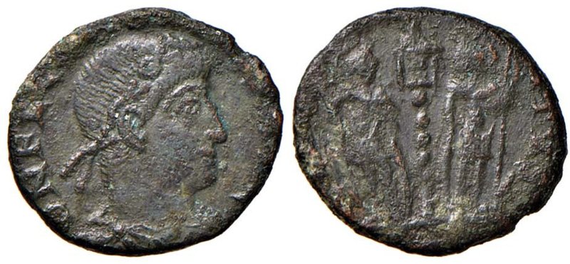 Costanzo II (337-360) Follis - Busto diademato a d. - R/ Due soldati stanti - AE...