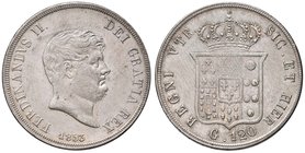 NAPOLI Ferdinando II (1830-1859) Piastra 1853 - Magliocca 563 AG (g 27,56) Minimi colpetti al bordo e graffietti di conio al R/
Grading/Stato:SPL