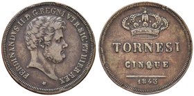 NAPOLI Ferdinando II (1830-1859) 5 Tornesi 1843 - Magliocca 705 CU (g 14,32) R Mancanza di metallo al bordo
Grading/Stato:BB