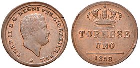 NAPOLI Ferdinando II (1830-1859) Tornese 1858 - Magliocca 783 CU (g 3,00) Rame rosso, screpolatura al bordo
Grading/Stato:qFDC