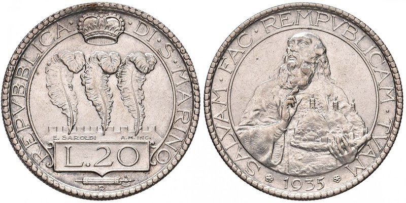 SAN MARINO 20 Lire 1935 - AG (g 14,90) Minimi graffietti, colpo al bordo 
Gradi...