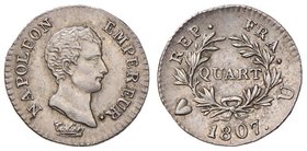TORINO Napoleone (1804-1814) Quarto di franco 1807 - Gig. 65 AG (g 1,24) RR Splendido esemplare
Grading/Stato:qFDC