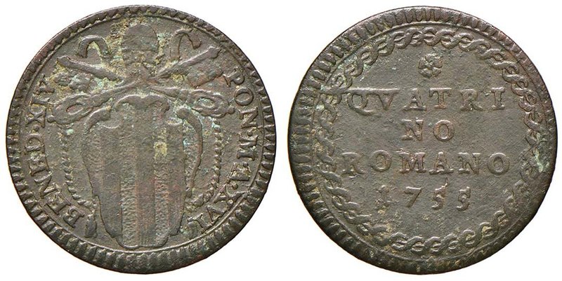 Benedetto XIV (1740-1758) Quattrino romano 1755 A. XVI - Munt. 216b CU (g 2,00)...