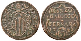 Benedetto XIV (1740-1758) Ferrara - Mezzo Baiocco 1746 A. VI - Munt. 288-289 CU (g 4,68)
Grading/Stato:MB
