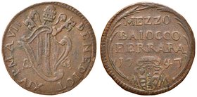 Benedetto XIV (1740-1758) Ferrara - Mezzo Baiocco 1747 A. VII - Munt. 295 CU (g 5,48)
Grading/Stato:MB+