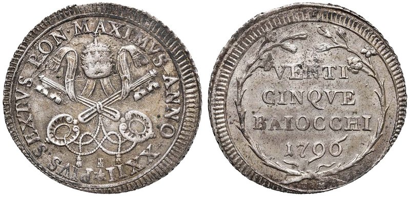 Pio VI (1775-1799) 25 Baiocchi 1796 A. XXII - Munt. 72 MI (g 6,90) Dall’asta Nom...