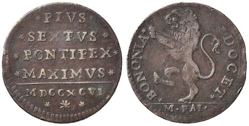 Pio VI (1775-1799) Bologna - 1/2 Baiocco 1796 - CU (g 5,00)
Grading/Stato:BB