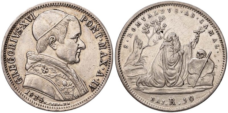 Gregorio XVI (1831-1846) 50 Baiocchi 1834 A. IV - Nomisma 204 AG (g 13,21) Campi...