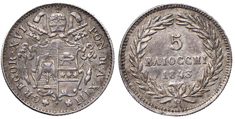 Gregorio XVI (1831-1846) 5 Baiocchi 1843 A. XIII - Nomisma 265 AG (g 1,31)
Grad...