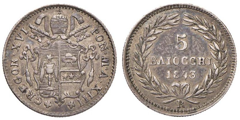 Gregorio XVI (1831-1846) 5 Baiocchi 1843 A. XIII - Nomisma 265 AG (g 1,35)
Grad...