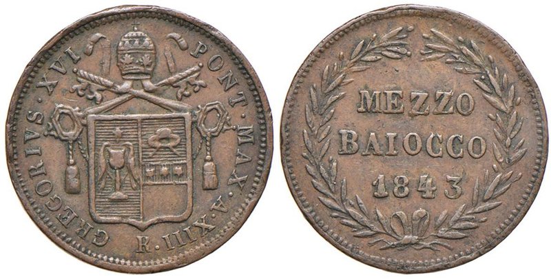 Gregorio XVI (1831-1846) Mezzo Baiocco 1843 A. XIII - Nomisma 327 CU (g 5,37)
G...