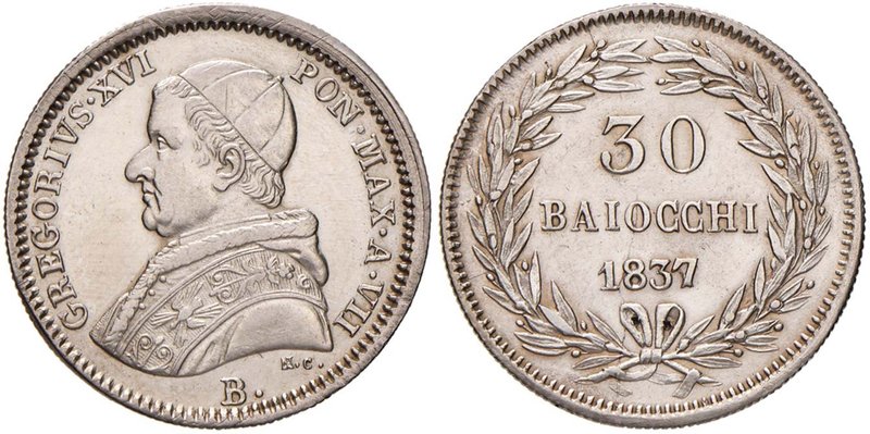 Gregorio XVI (1831-1846) Bologna - 30 Baiocchi 1837 A. VII - Nomisma 219 AG (g 8...