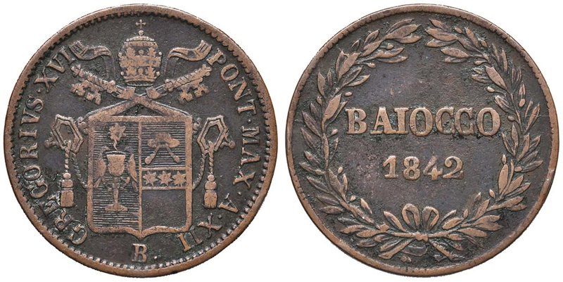 Gregorio XVI (1831-1846) Bologna - Baiocco 1842 A. XII - Nomisma 294 CU (g 9,19)...