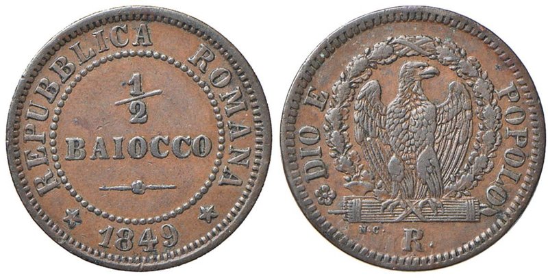 Seconda Repubblica Romana (1848-1849) 1/2 Baiocco 1849 - Nomisma 360 CU (g 5,06)...