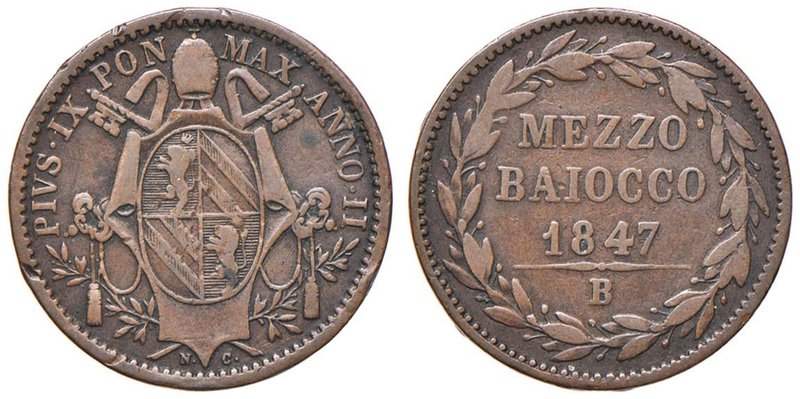 Pio IX (1846-1870) Bologna - Mezzo Baiocco 1847 A. II - Nomisma 596 CU (g 4,93)...