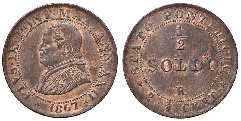 Pio IX (1846-1878) Mezzo soldo 1867 A. XXII - Nomisma 687 CU (g 2,65) Zone di ra...