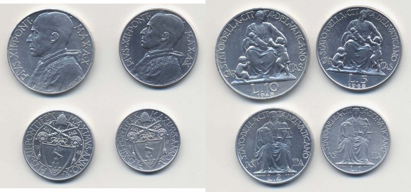 PIO XII (1939-1958) 1010, 5, 2 e 1 lira 1948 - Nomisma744a It lotto di 4 monete...