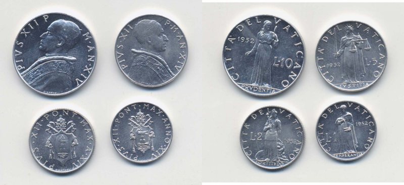 PIO XII (1939-1958) 10, 5, 2 e 1 lira 1952 - Nomisma748a It lotto di 4 monete
G...