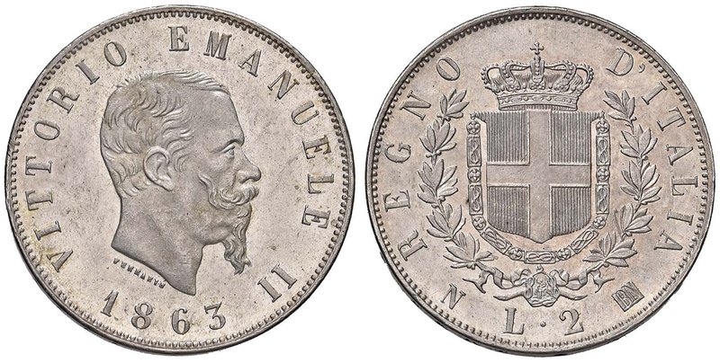 Vittorio Emanuele II (1849-1861) 2 Lire 1863 N stemma - Nomisma 905 AG Minimi co...