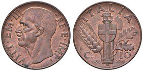 Vittorio Emanuele III (1900-1946) 10 Centesimi 1938 Impero - Nomisma 1331 CU Dall’asta InAsta 45, lotto 5166 “rame rosso”
Grading/Stato:FDC