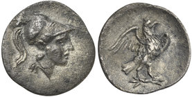 Latium, Alba Fucens, Obol, c. 280-275 BC
AR (g 0,56; mm 12; h 5)
Helmeted head of Minerva r., Rv. eagle standing r. on thunderbolt, with spread wing...