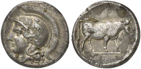 Campania, Hyrietes or Hyrianoi, Didrachm, ca. 405-385 BC
AR (g 6,31; mm 21; h 11)
Head of Athena l., wearing Attic crested helmet decorated with oli...