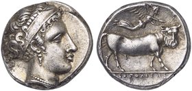 Campania, Neapolis, Didrachm, ca. 350-325 BC
AR (g 7,41; mm 20; h 7)
Diademed head of nymph r., Rv. man-headed bull walking r.; above, Nike flying r...