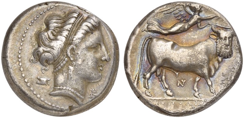 Campania, Neapolis, Didrachm, ca. 300-275 BC
AR (g 7,36; mm 20; h 7)
Diademed ...