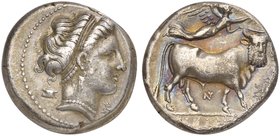Campania, Neapolis, Didrachm, ca. 300-275 BC
AR (g 7,36; mm 20; h 7)
Diademed head of nymph r.; behind, astragalus; before, monogram, Rv. man-headed...