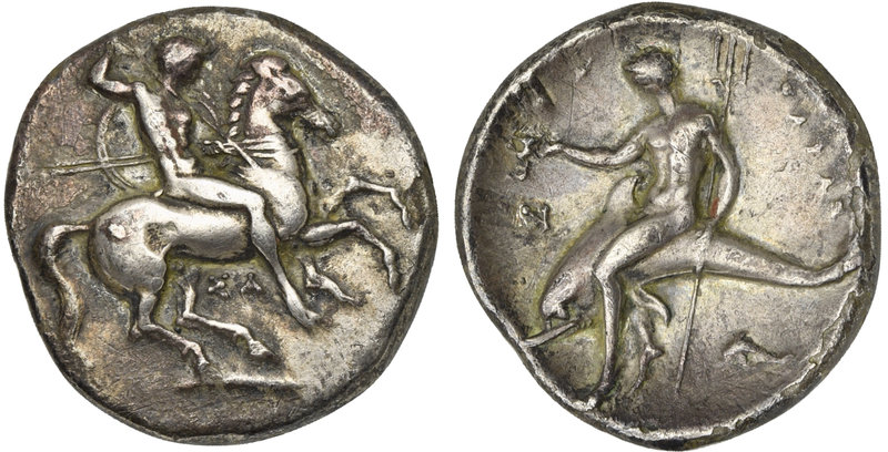 Apulia, Tarentum, Nomos, ca. 332-302 BC
AR (g 7,51; mm 22; h 7)
Horseman gallo...