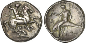 Apulia, Tarentum, Nomos, ca. 332-302 BC
AR (g 7,51; mm 22; h 7)
Horseman galloping r., holding shield and spears; below, ΣA, Rv. TAPAΣ, dolphin ride...