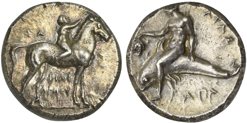Apulia, Tarentum, Nomos, ca. 302-280 BC
AR (g 7,86; mm 21; h 9)
Horseman gallo...
