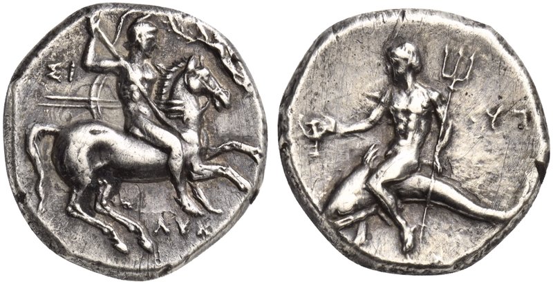 Apulia, Tarentum, Nomos, ca. 280-272 BC
AR (g 6,42; mm 19; h 6)
Horseman gallo...