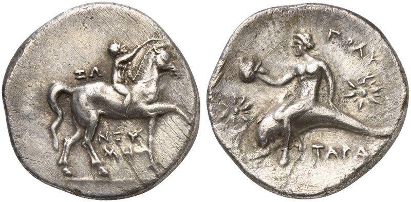 Apulia, Tarentum, Nomos, ca. 280-272 BC
AR (g 6,37; mm 23; h 5)
Horseman gallo...