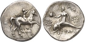 Apulia, Tarentum, Nomos, ca. 280-272 BC
AR (g 6,37; mm 23; h 5)
Horseman galloping r., crowning horse; on l.,ZΩ; below, NEY/MH, Rv. ΤΑΡΑΣ, dolphin r...