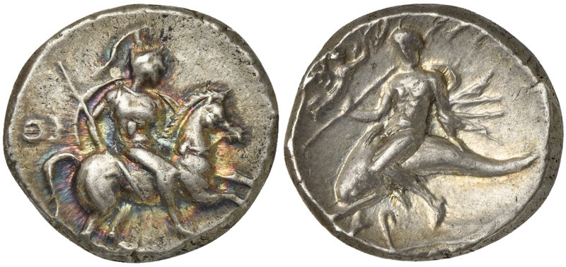Apulia, Tarentum, Nomos, ca. 272-240 BC
AR (g 6,37; mm 20,5; h 6)
Horseman gal...