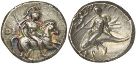 Apulia, Tarentum, Nomos, ca. 272-240 BC
AR (g 6,37; mm 20,5; h 6)
Horseman galloping r., holding shield and spears; on l., ΘI; below APIΣTOK, Rv. TA...