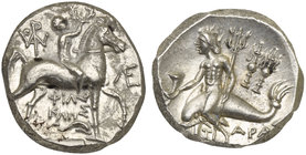 Apulia, Tarentum, Nomos, ca. 240-228 BC
AR (g 6,55; mm 19; h 3)
Horseman galloping r., crowning horse; on l., monogram; on r., monogram; below, ΦΙΛΟ...