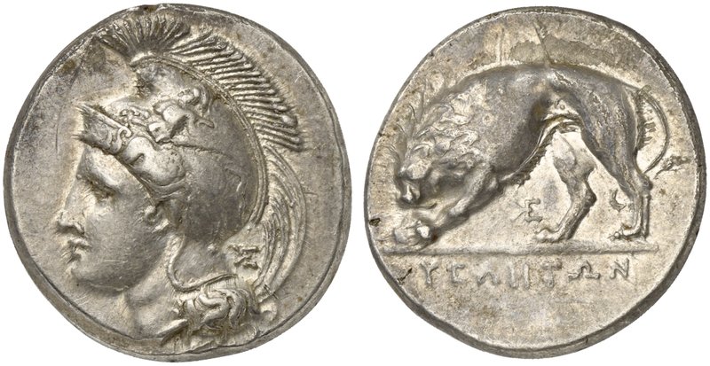 Lucania, Velia, Didrachm, ca. 334-300 BC
AR (g 7,79; mm 21; h 11)
Head of Athe...